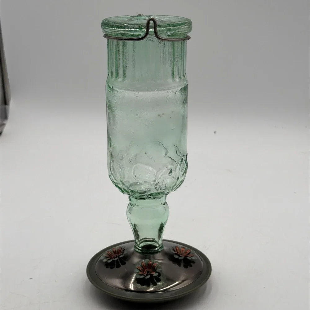 Vintage Woodstream Hummingbird Feeder Green Glass Jar Metal Base
